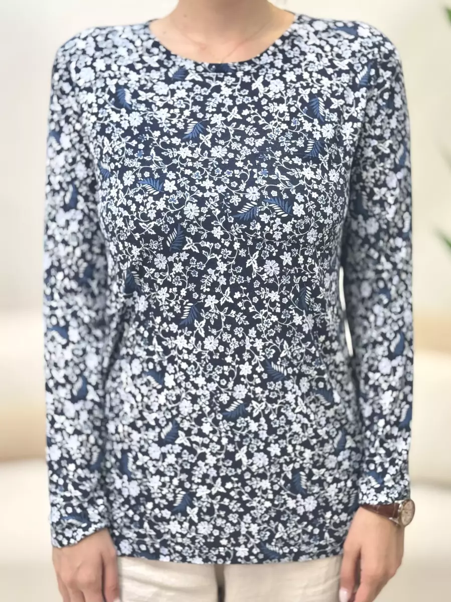 تیشرت استین بلند سرمه ای گلدارM.S