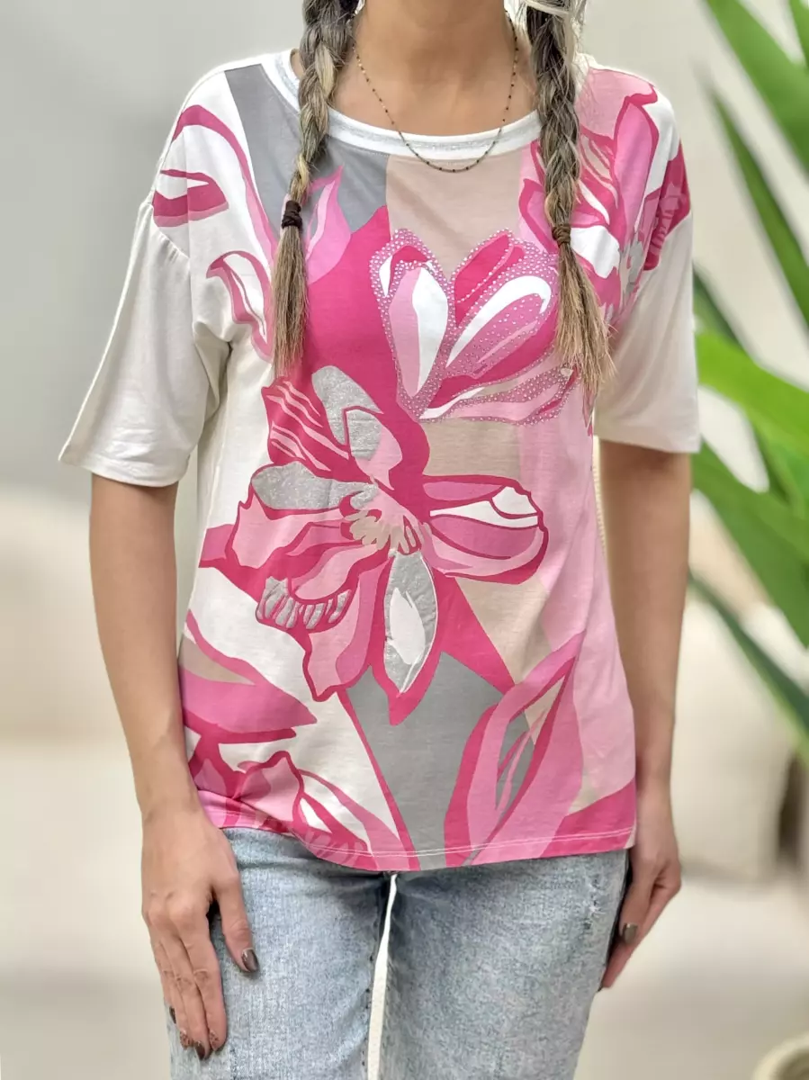 تیشرت ویسکوز سفید گل صورتی