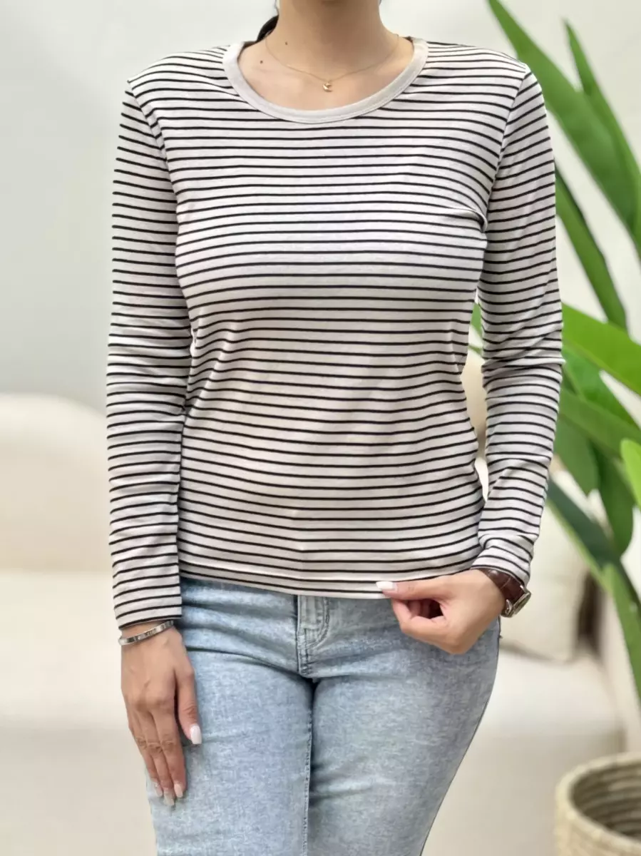 تیشرت آستین بلند راه راه ریز نخ پنبه