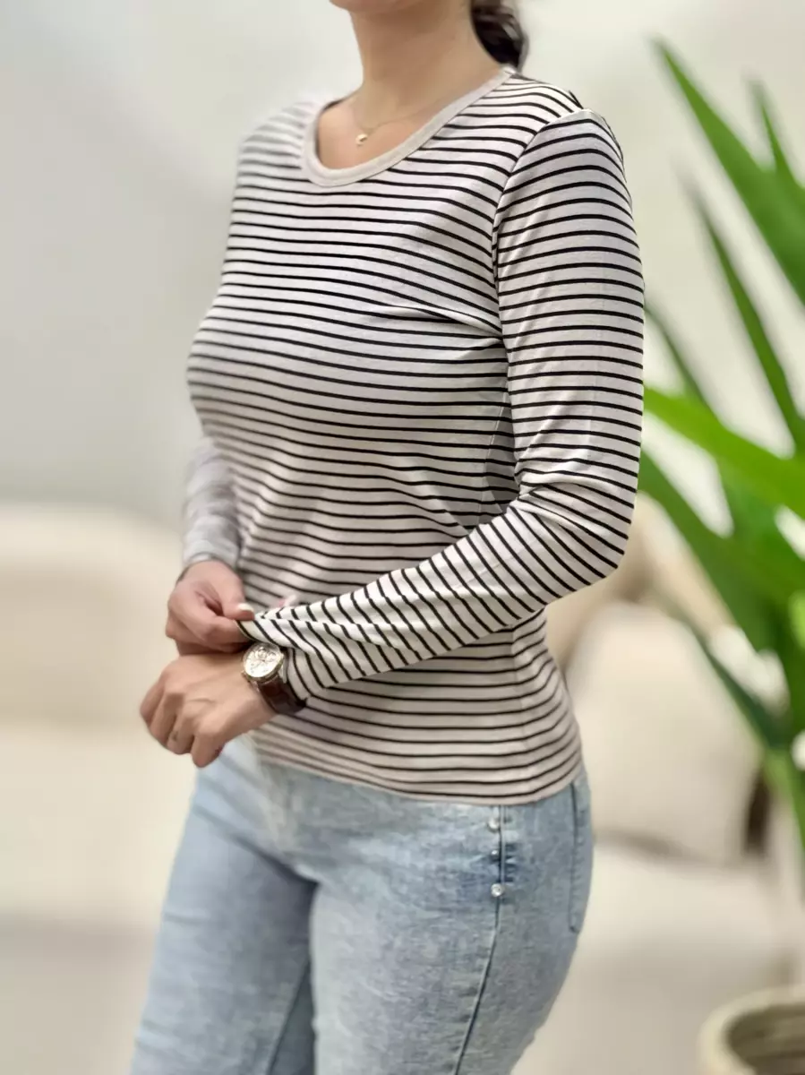 تیشرت آستین بلند راه راه ریز نخ پنبه