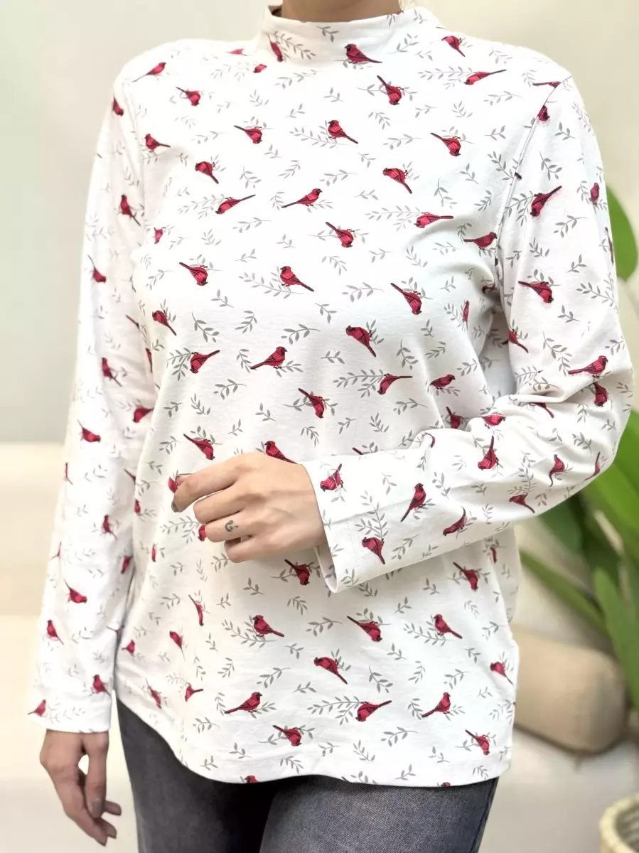 تیشرت آستین بلند کرم(طرح پرنده قرمز)