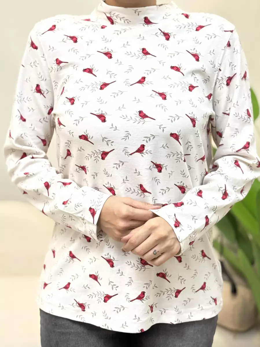 تیشرت آستین بلند کرم(طرح پرنده قرمز)