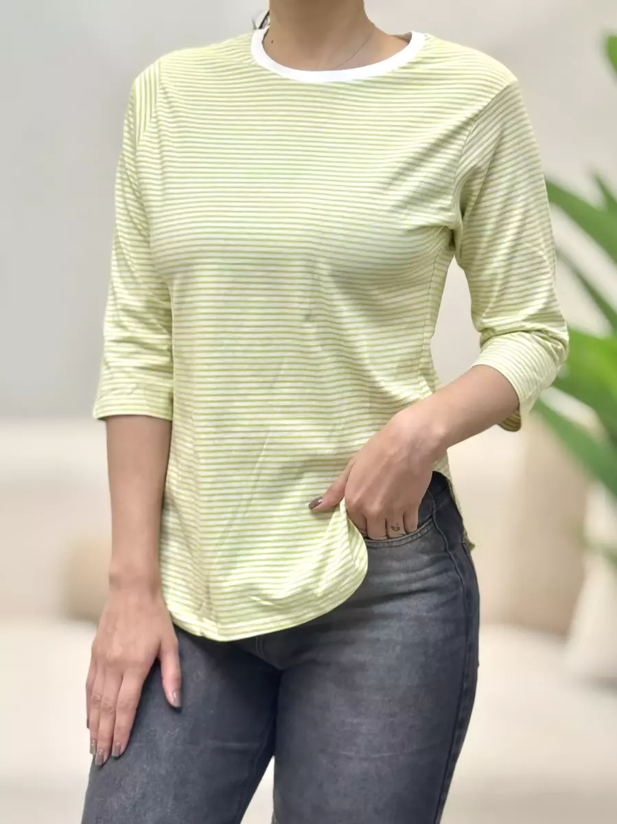 تیشرت آستین سه ربع راه راه (لیمویی/سبز)