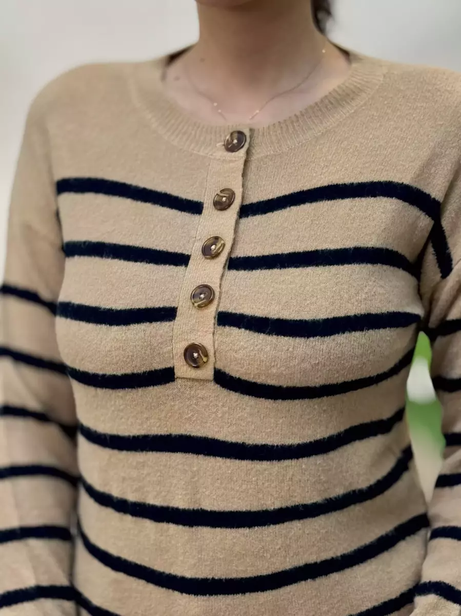 بافت راه راه جلو دکمه(سفید/نسکافه ای)