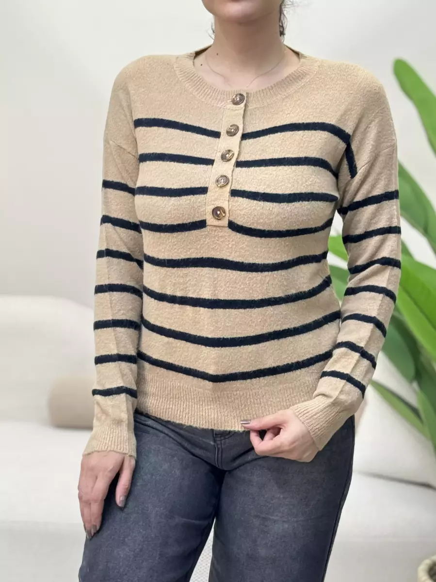 بافت راه راه جلو دکمه(سفید/نسکافه ای)