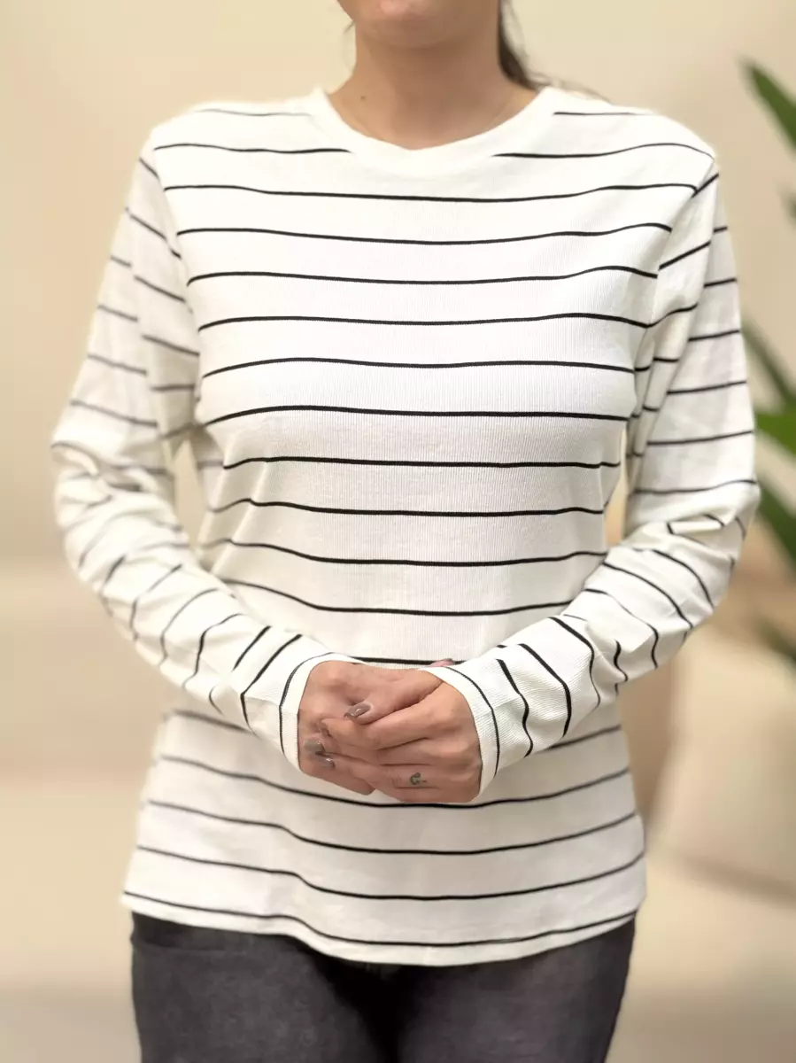 بلوز آستین بلند کبریتی راه راه شیری