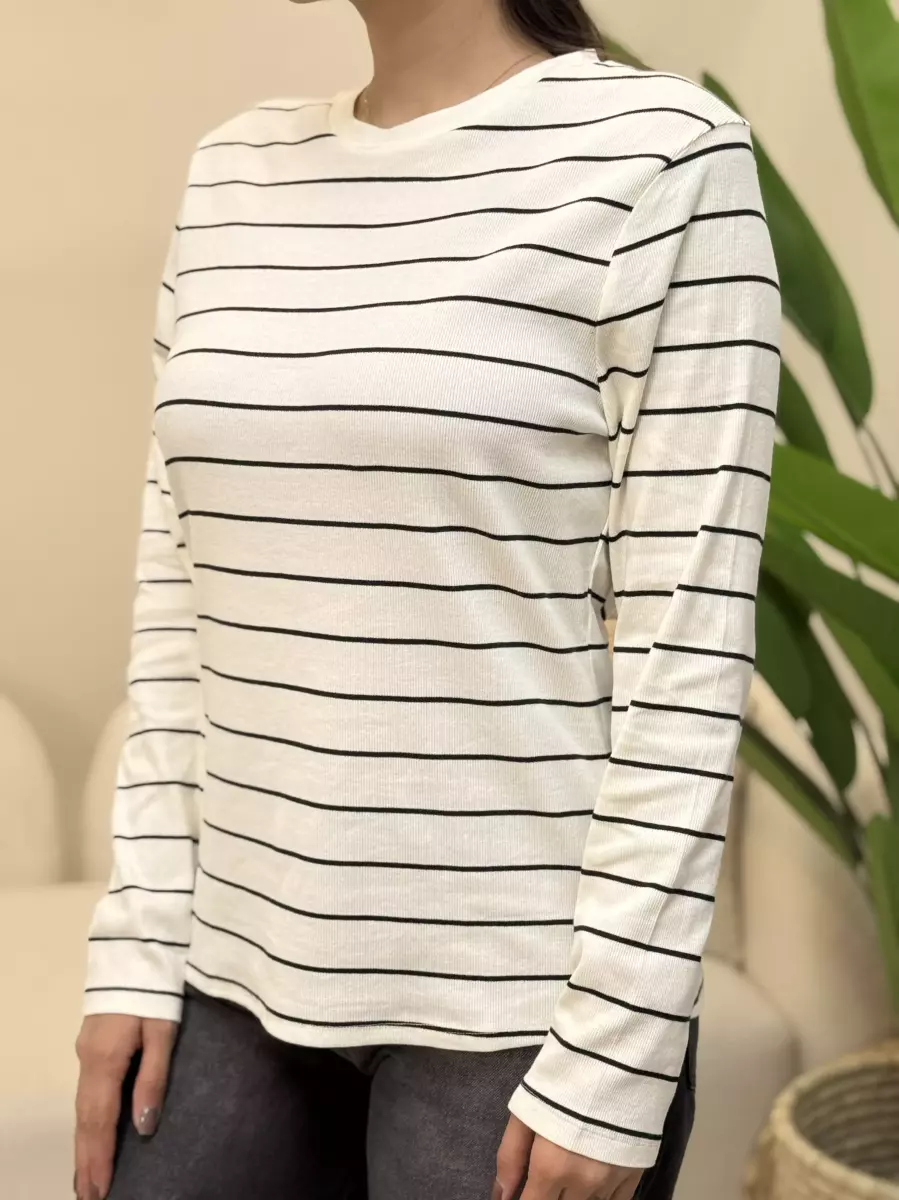 بلوز آستین بلند کبریتی راه راه شیری