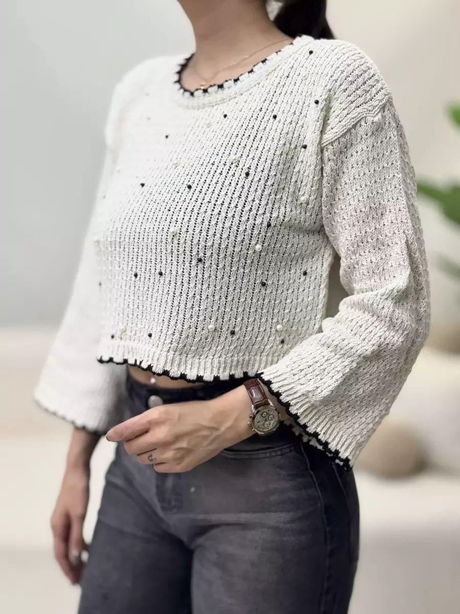 بافت کراپ مرواریدی (سفید/مشکی)