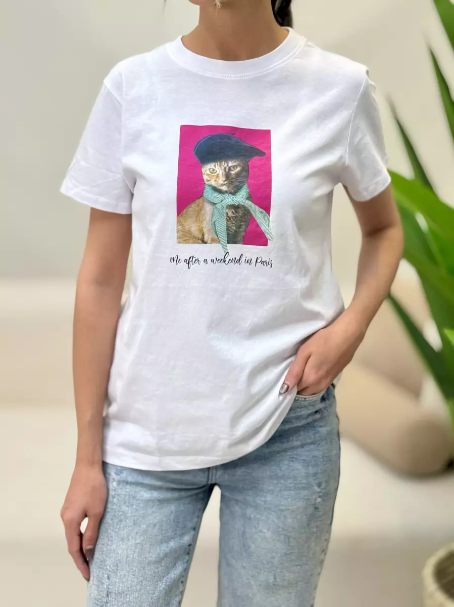 تیشرت سفید طرح گربه