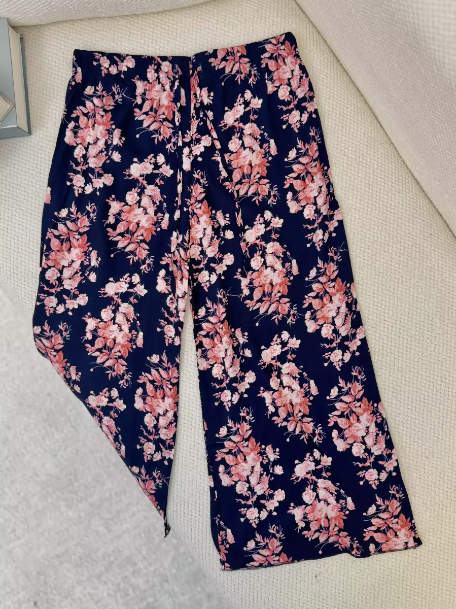 شلوار نخی سرمه ای گل دار