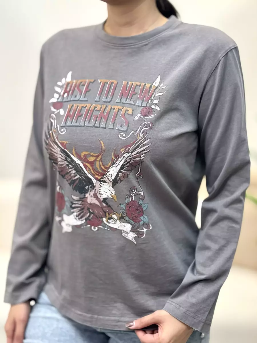 تیشرت آستین بلندچاپ دار طوسی