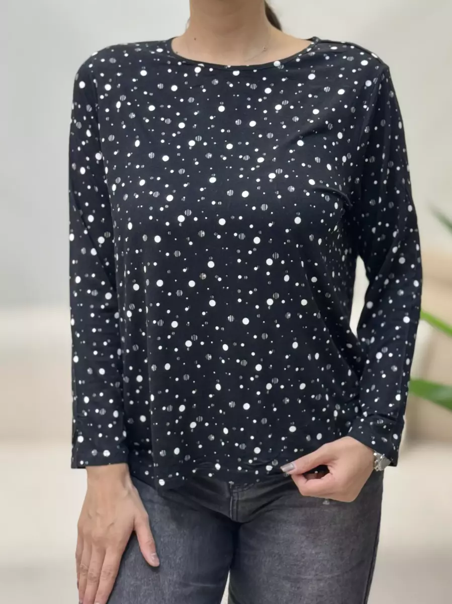 بلوز آستین بلند مشکی خال دار