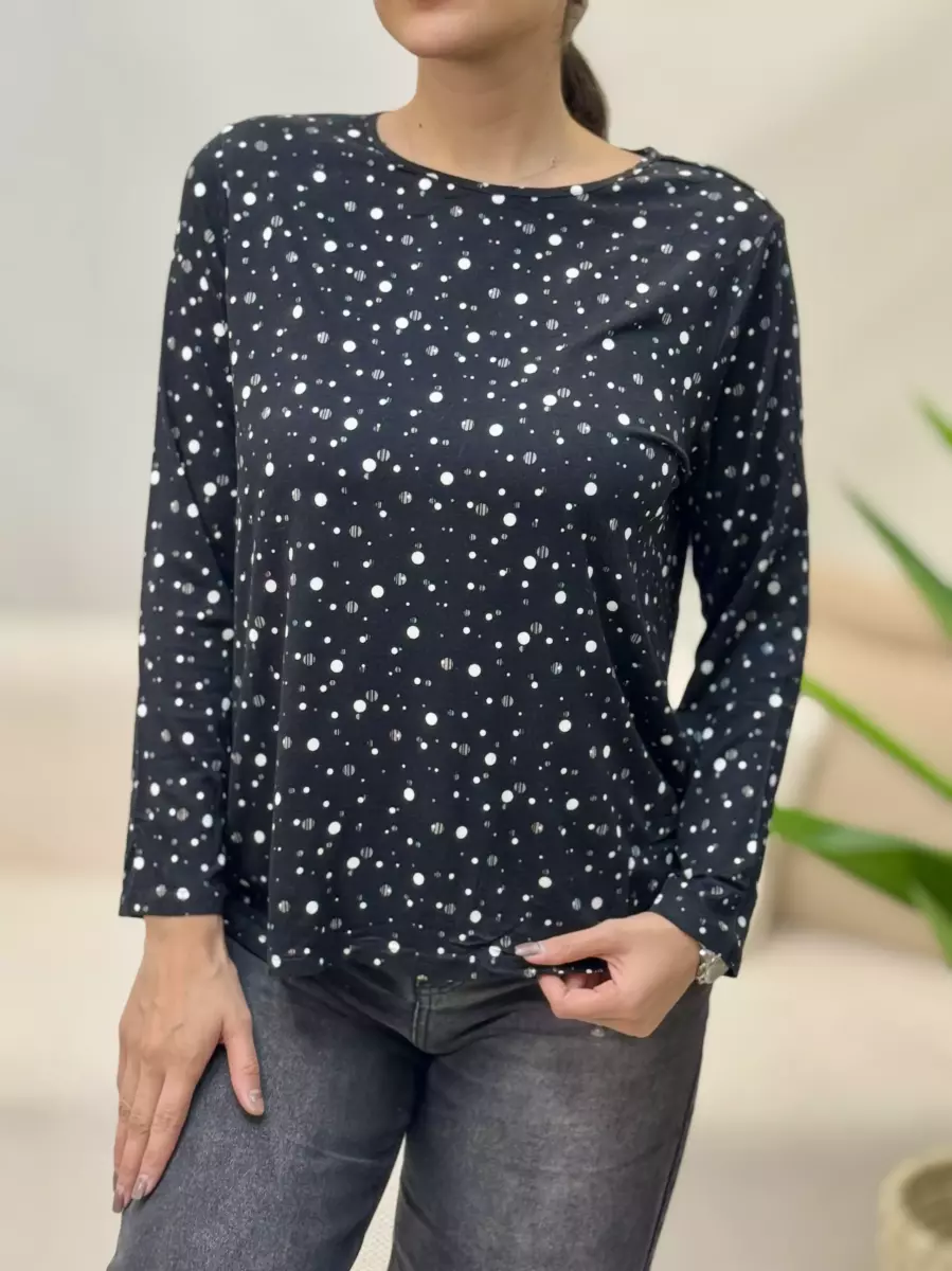 بلوز آستین بلند مشکی خال دار