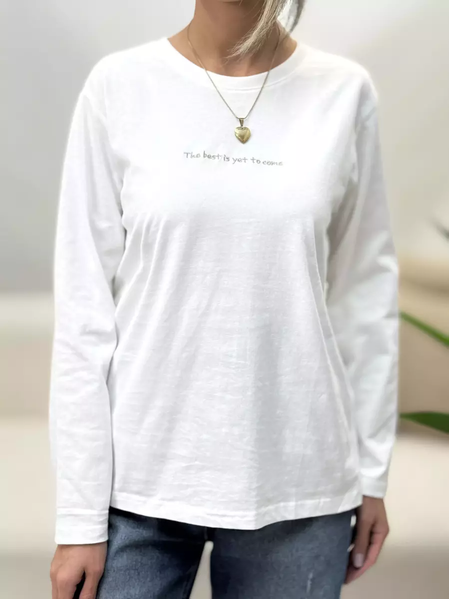 تیشرت آستین بلند سفید THE BEST(گلدوزی مشکی-گلدوزی کرم)