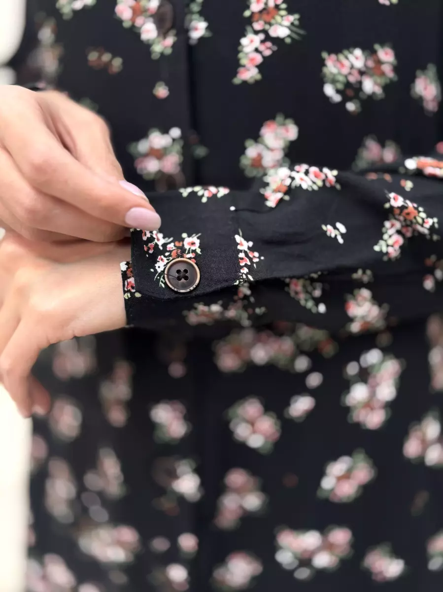 پیراهن مانتویی مشکی گلدار