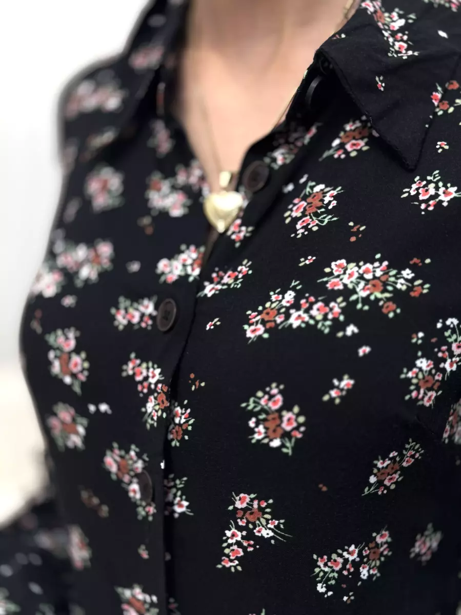 پیراهن مانتویی مشکی گلدار