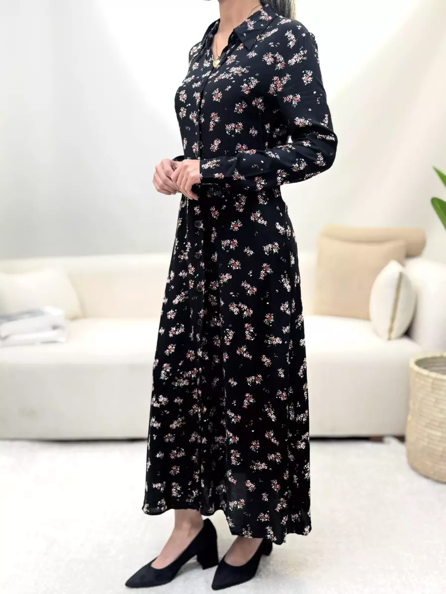 پیراهن مانتویی مشکی گلدار