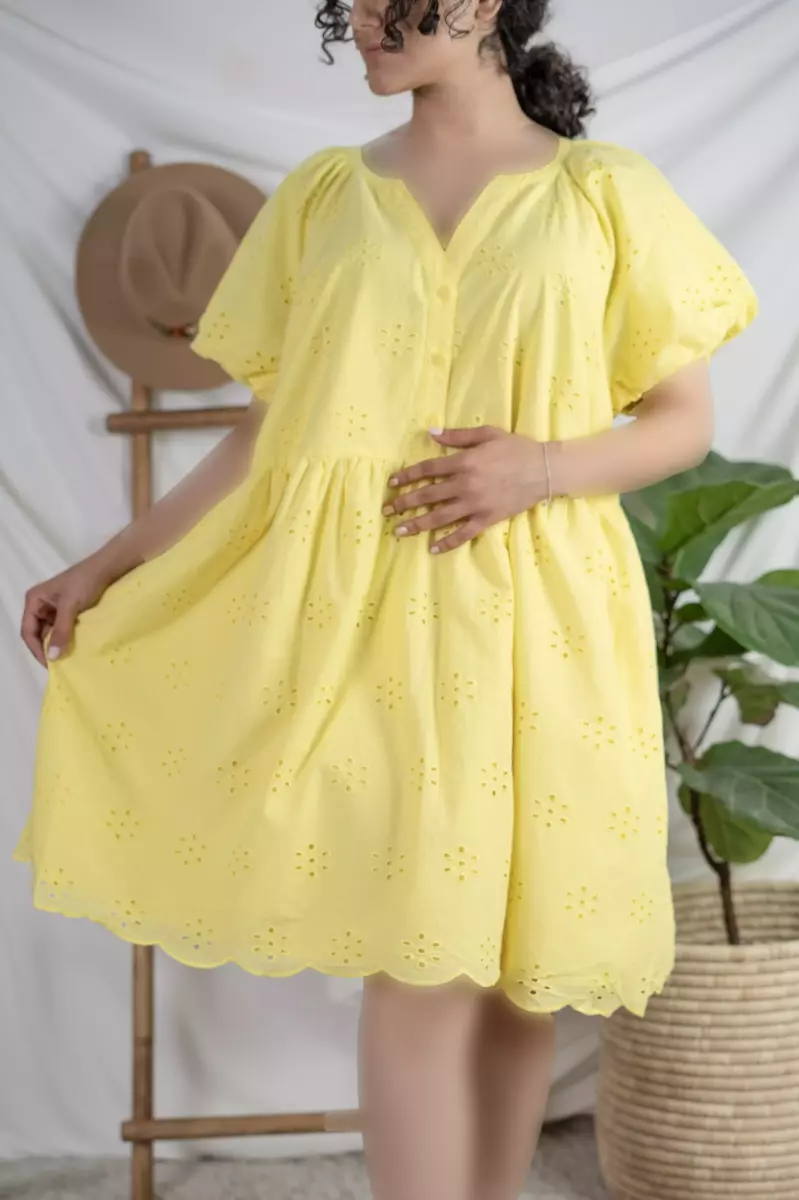 پیراهن خامه دوزی رنگ لیمویی