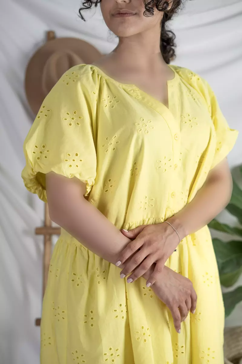 پیراهن خامه دوزی رنگ لیمویی