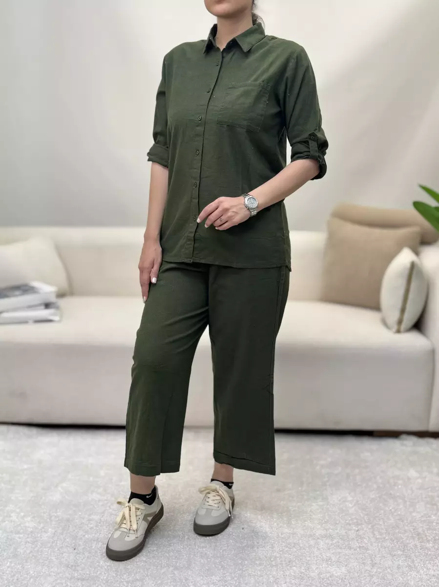 ست شومیز شلوار لینن شیری و سبز