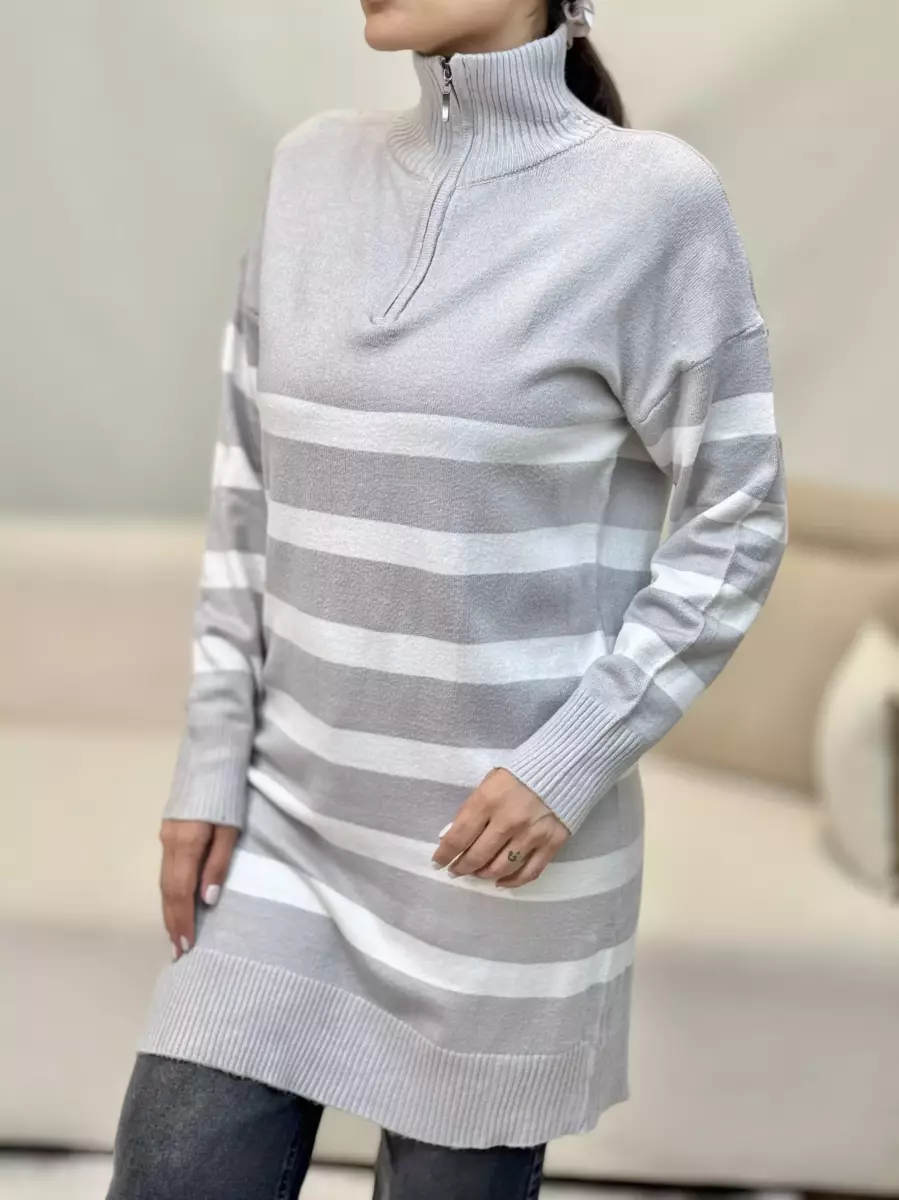 بافت طوسی نیم زیپ راه راه