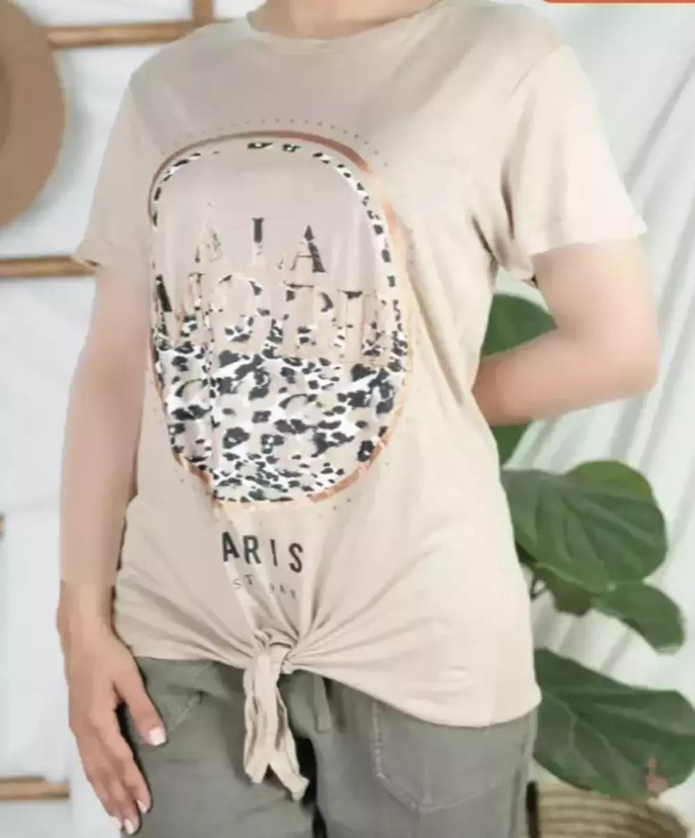تیشرت پایین گره نسکافه ای چاپ دار