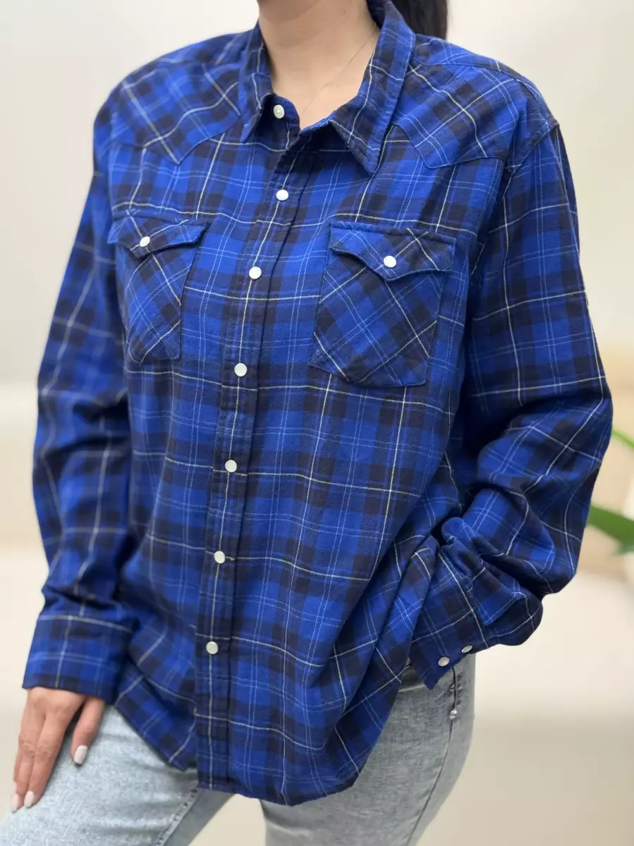 شومیز پشمی چهارخانه آبی تیره