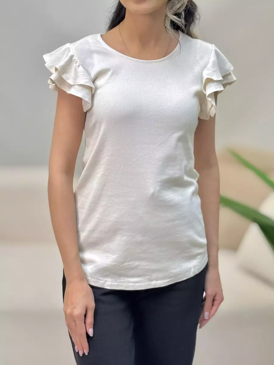 تیشرت کبریتی آستین چین دار (شیری-مشکی)