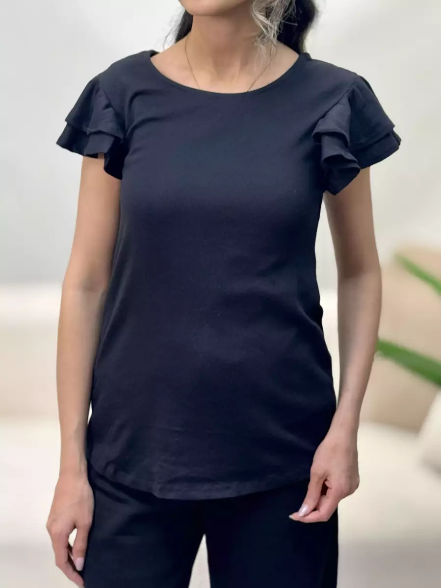 تیشرت کبریتی آستین چین دار (شیری-مشکی)