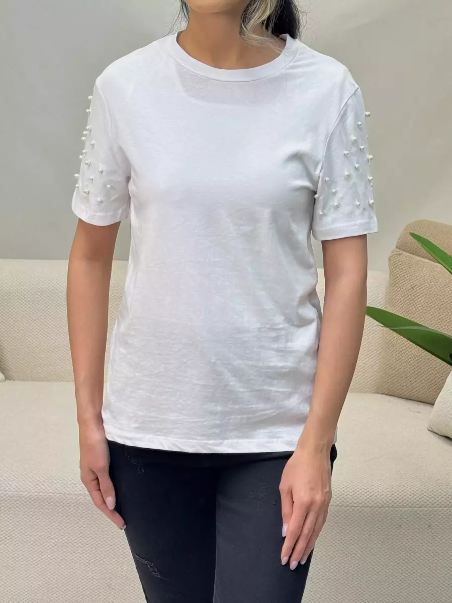 تیشرت سفید آستین مروارید