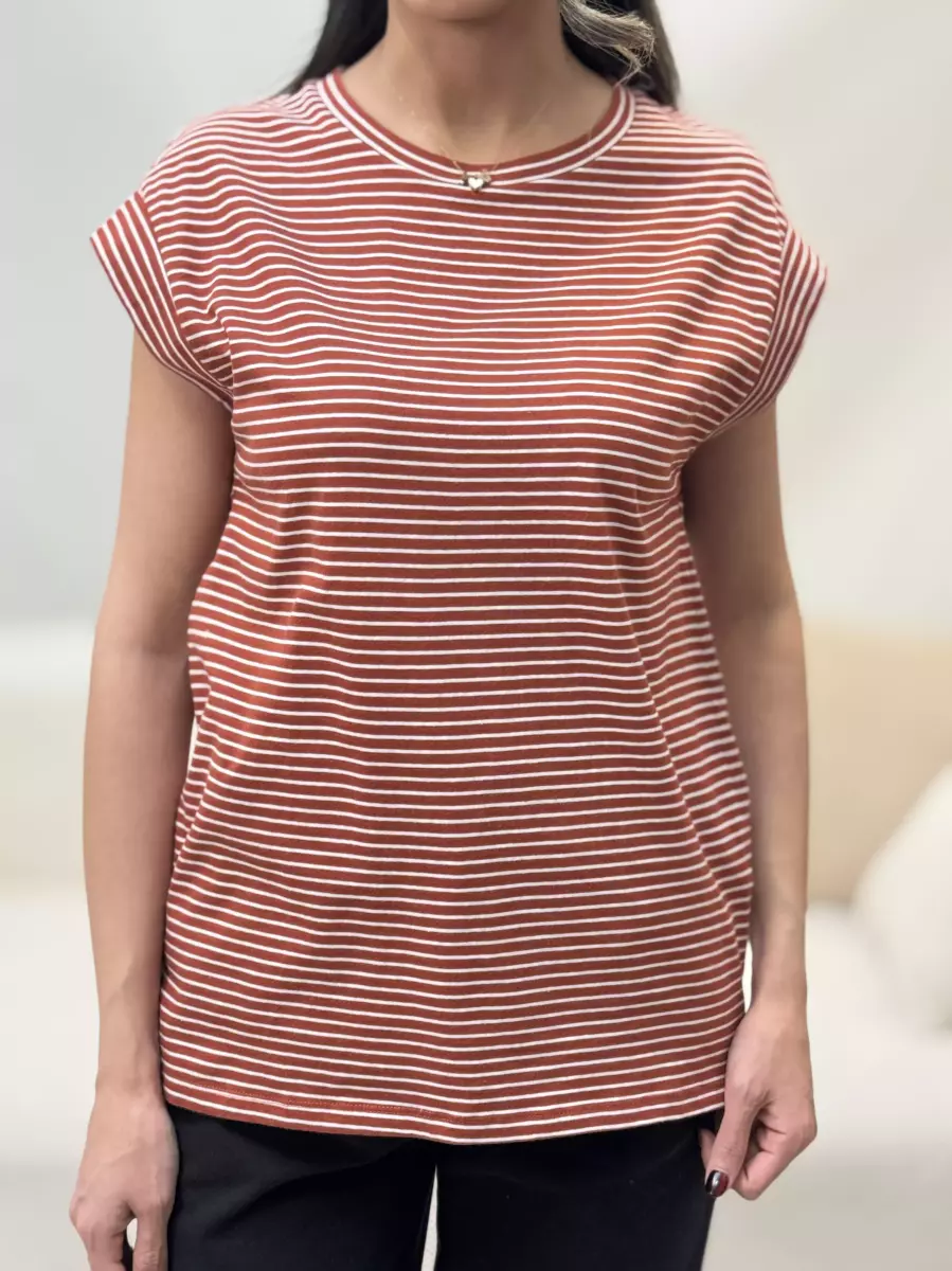 تیشرت آستین سرخود راه راه آجری