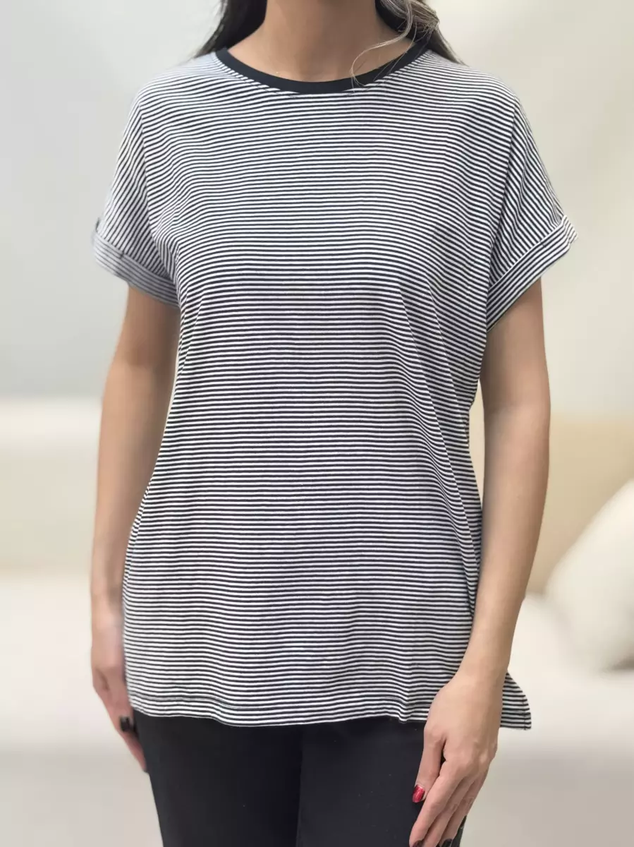 تیشرت آستین سرخود راه راه مشکیcotton