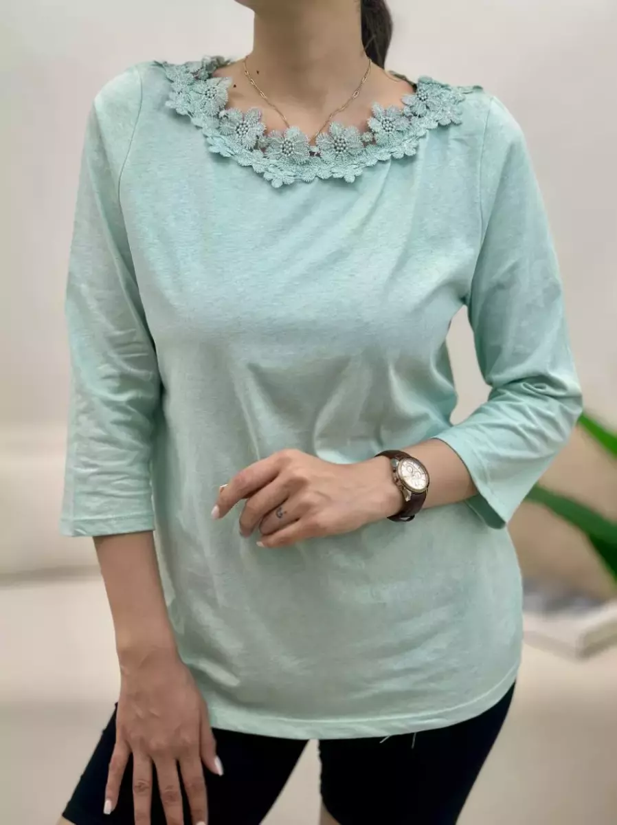 تیشرت آستین بلند سبز یقه گیپور