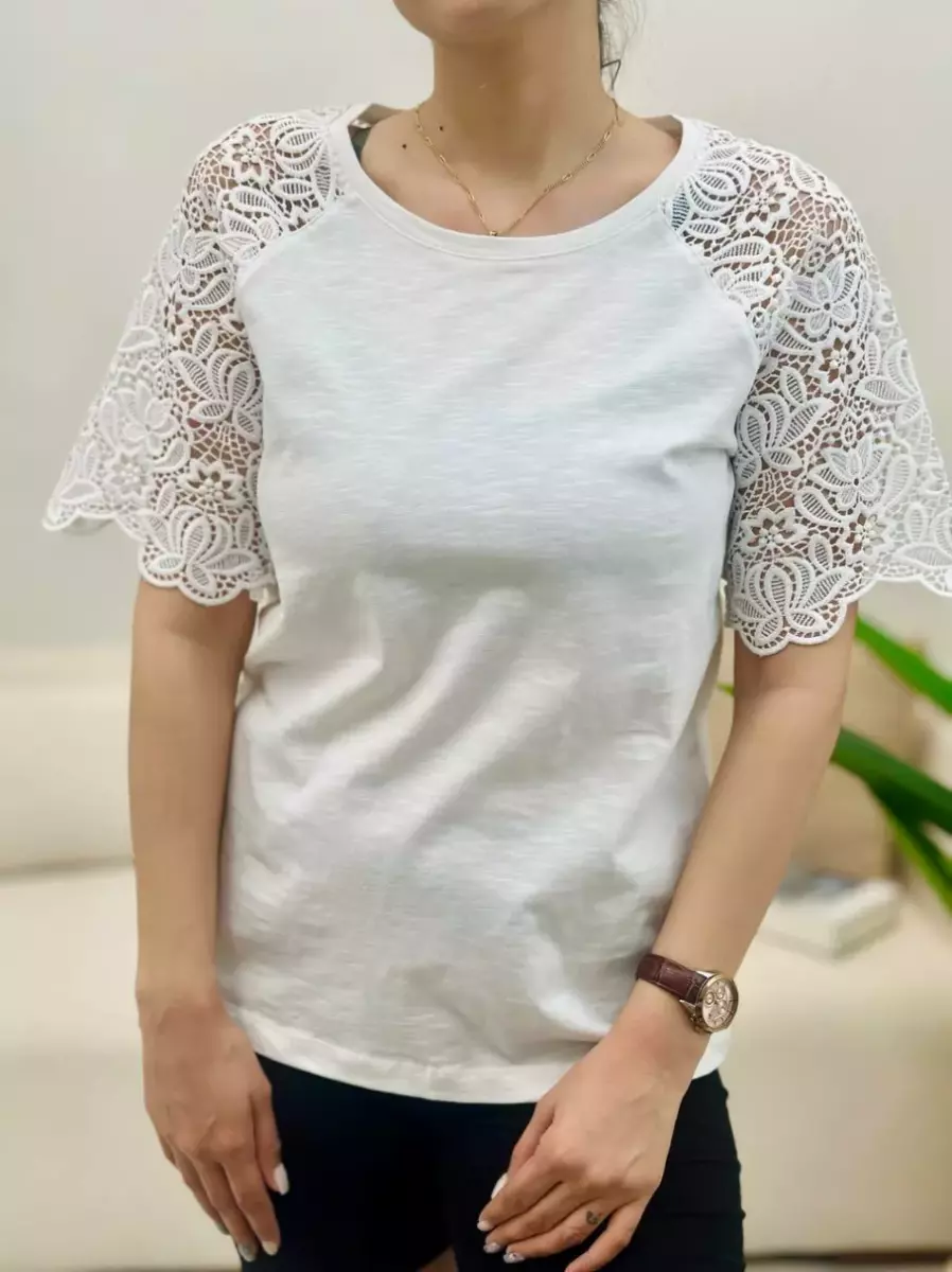 تیشرت سفید آستین گیپور heine