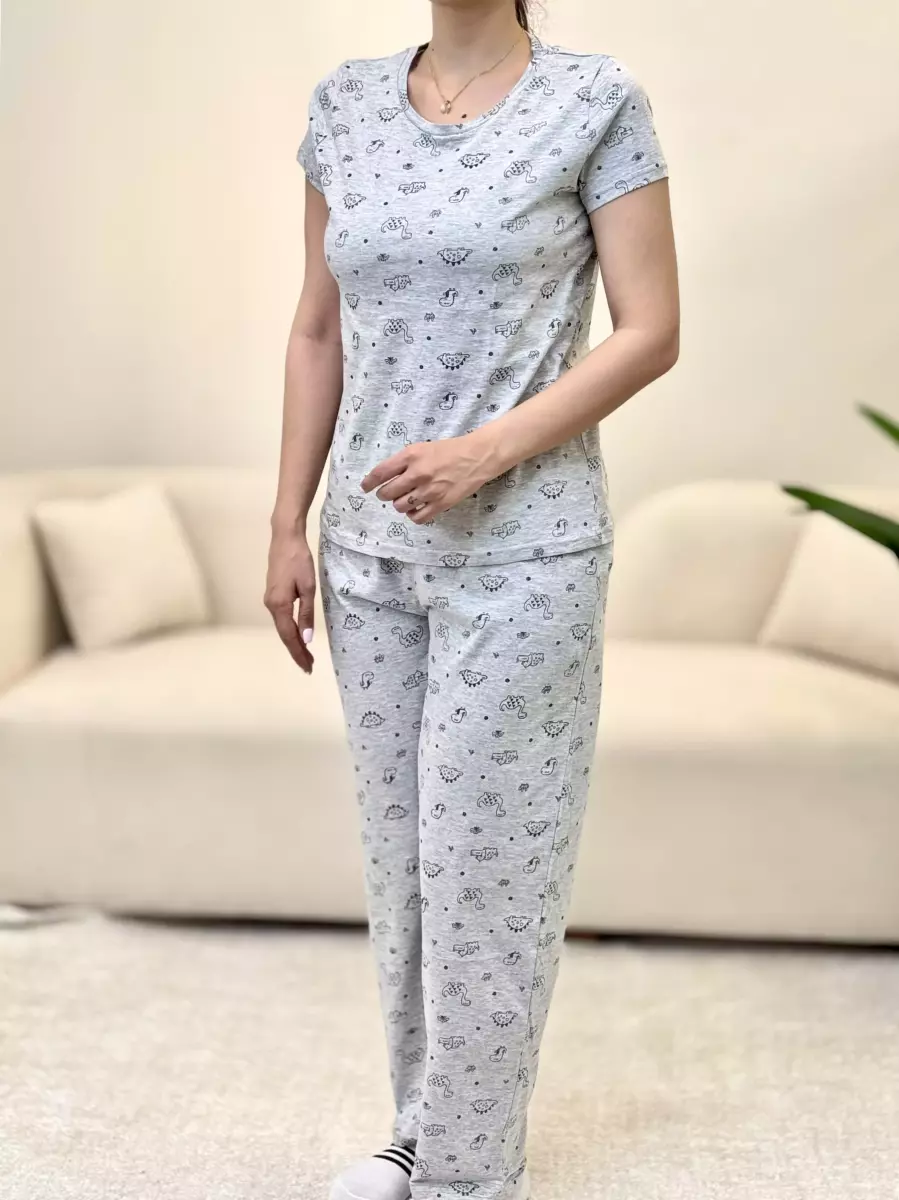 ست تیشرت شلوار طوسی دایناسوروگلبهی گلدار