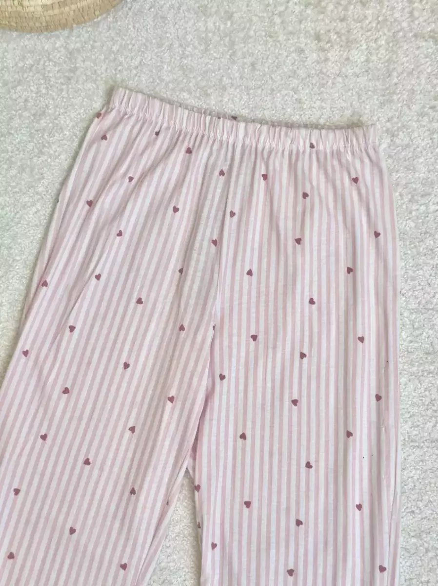 شلوار راحتی راه راه صورتی قلب دار