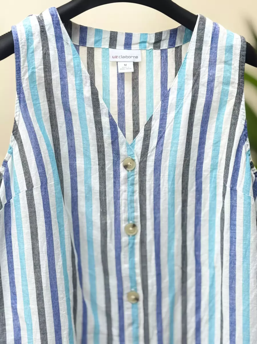 پیراهن لینن راه راه دکمه دار