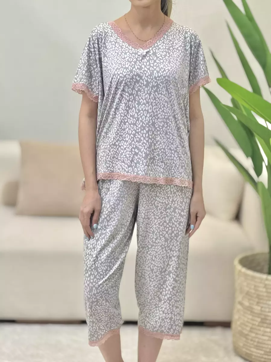 ست تیشرت شلوارک طوسی پلنگی