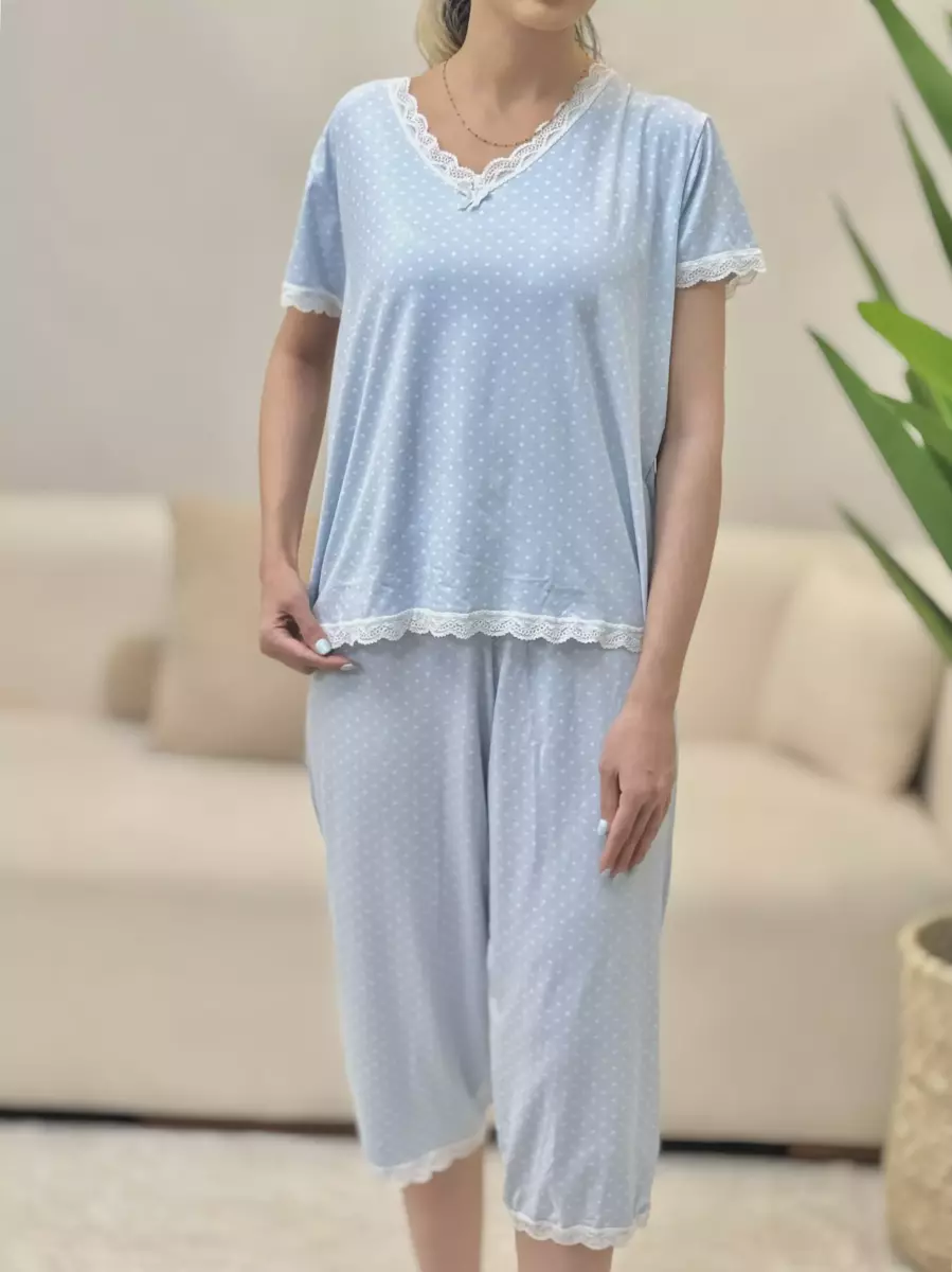 ست تیشرت شلوارک آبی خال دار