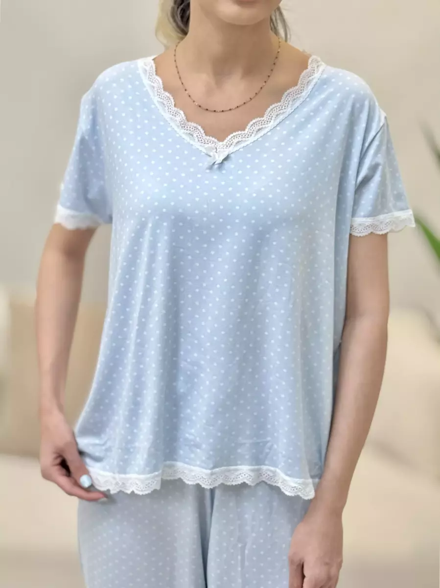 ست تیشرت شلوارک آبی خال دار