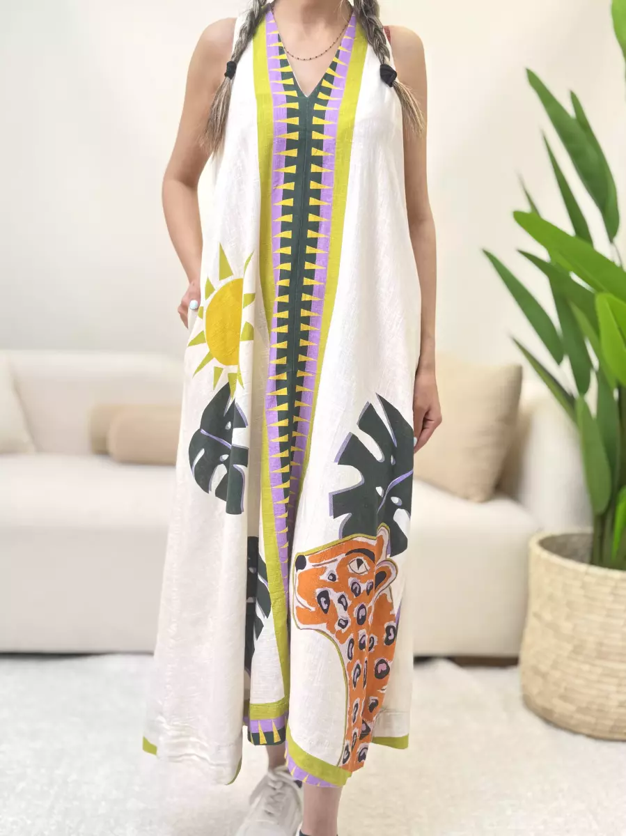 پیراهن لینن طرحدار پشت دکمه