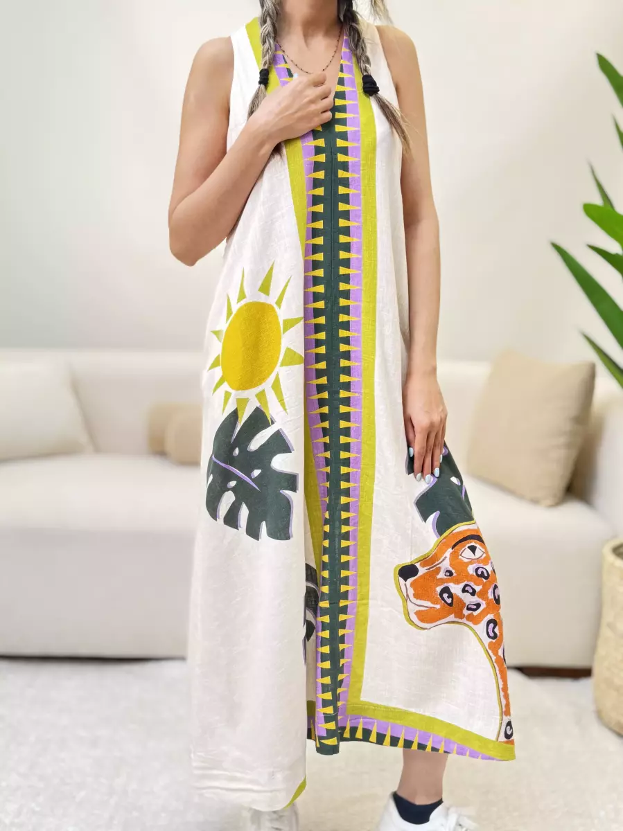 پیراهن لینن طرحدار پشت دکمه