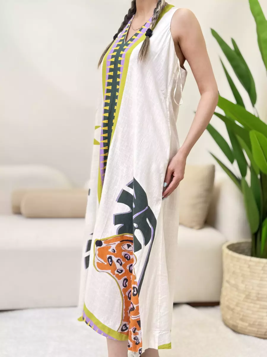 پیراهن لینن طرحدار پشت دکمه