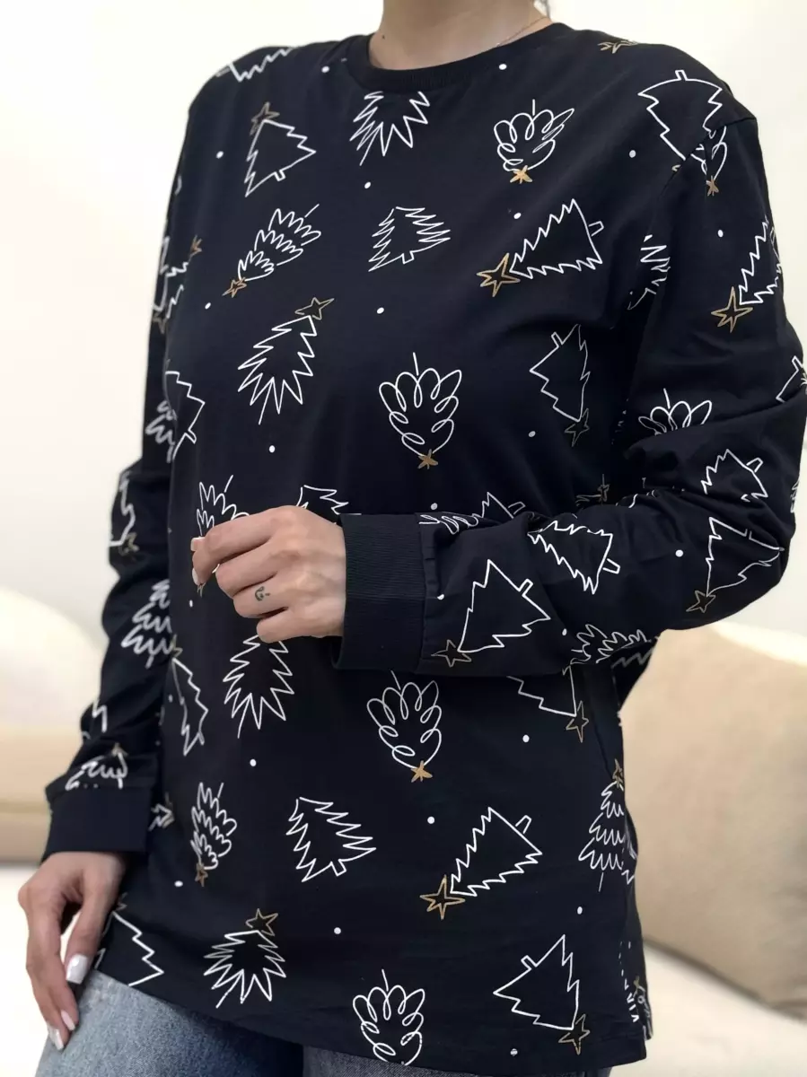 تیشرت آستین بلند سرمه ای طرحدار