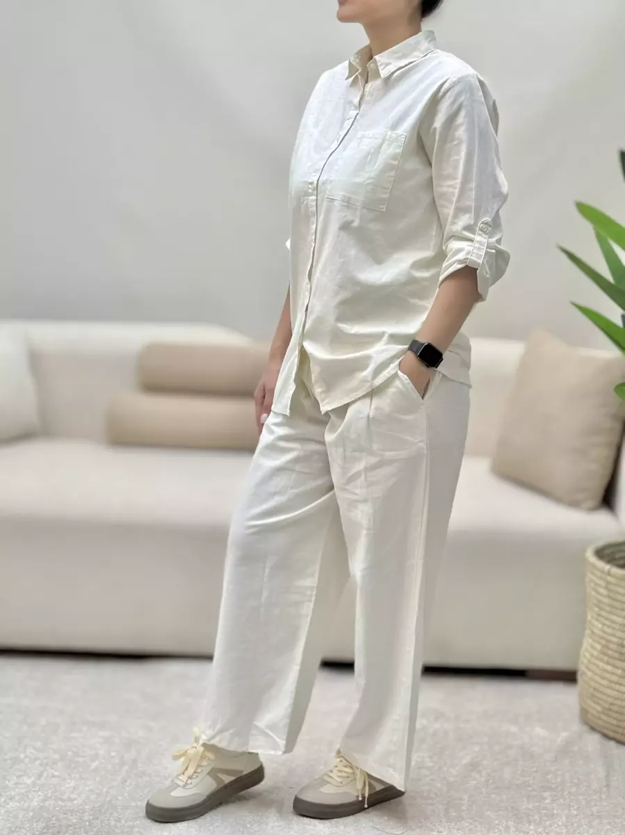 ست شومیز شلوار لینن شیری و سبز