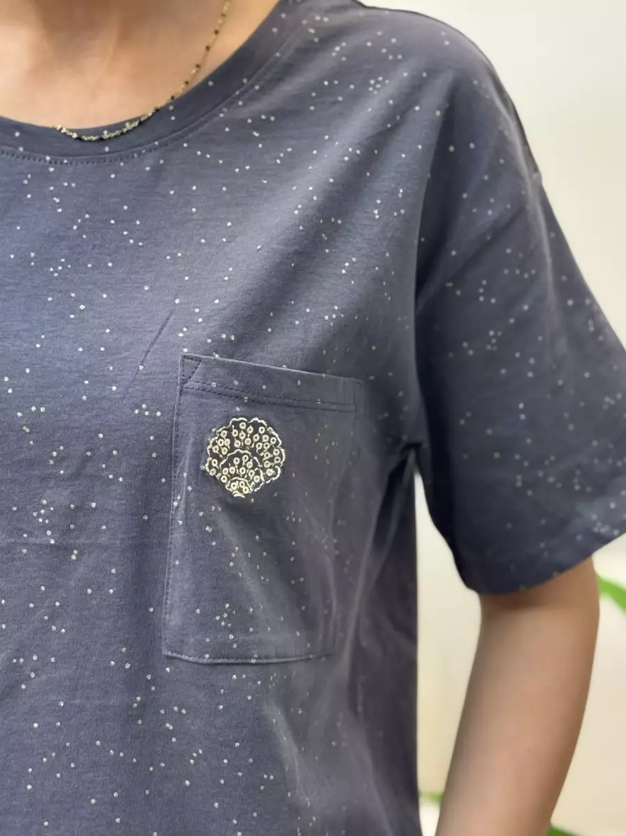 تیشرت طلاکوب طوسی تک جیب