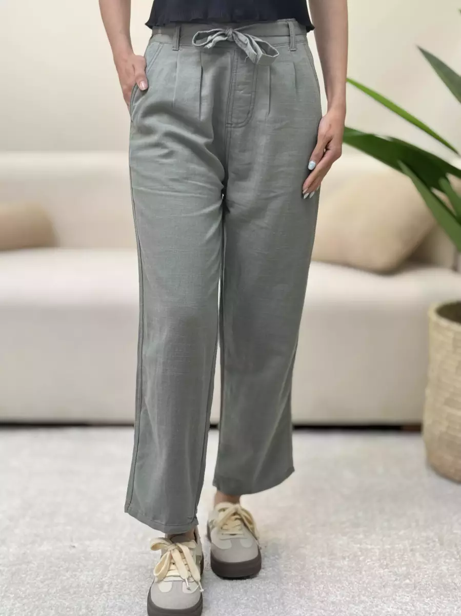 شلوار لینن سبز کمربنددار