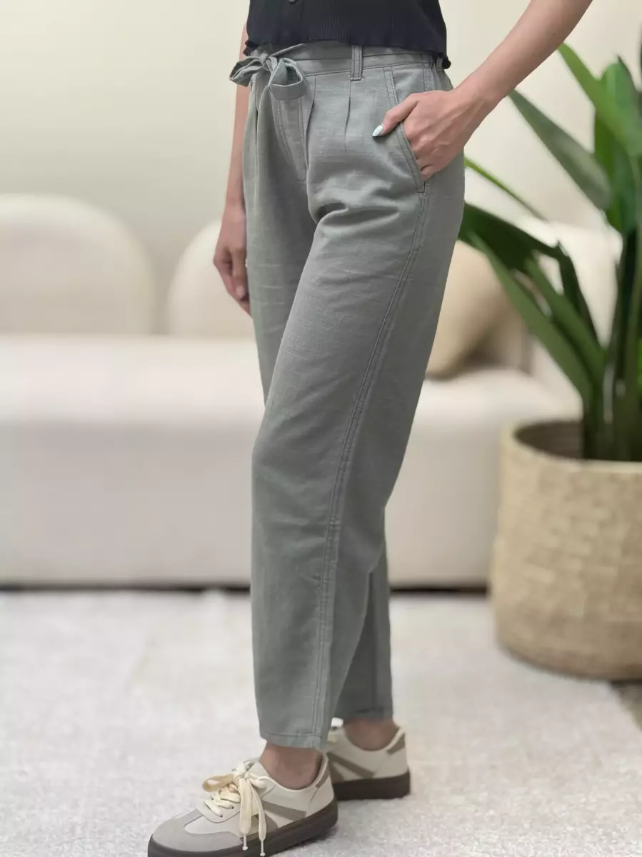 شلوار لینن سبز کمربنددار