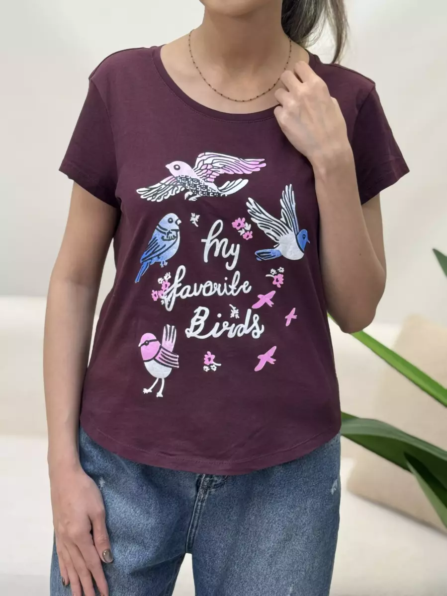 تیشرت بادمجانی طرح پرنده