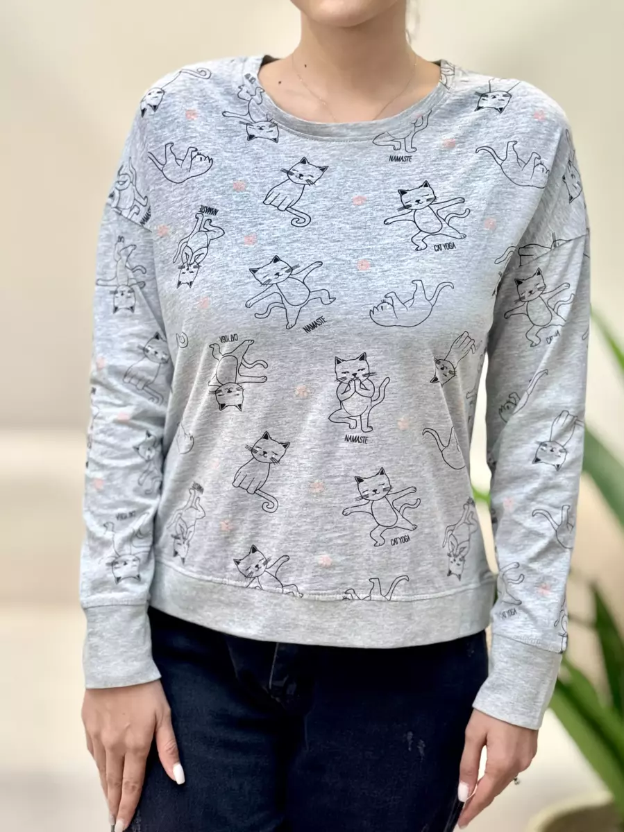 تیشرت آستین بلند طوسی طرح گربه